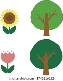 Simple sunflower and tulip,trees .vector illustration.