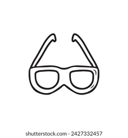 Simple sunglasses in black isolated on white background. Myopia astigmatism treatment, beauty accessory. Hand drawn vector sketch doodle illustration in vintage engraved style. Summer beach equipment