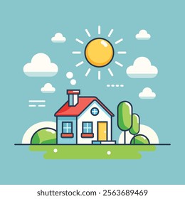Simple Sunny Day Illustration with Cozy House.