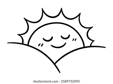 Simple sunrise doodle, cute cartoon rising sun with smiling face. Black and white line art, vector illustration.