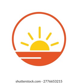 Simple sunrise icon in orange and yellow hues, symbolizing dawn and new beginnings in a minimalist style.
