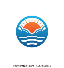 simple sunrise illustration in circle shape. summer logo concept