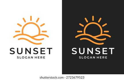 Simples ilustração de modelo de design de logotipo do nascer do sol. Sol abstrato com onda praia estilo minimalista design vetor ícone símbolo