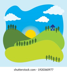 Simple Sunrise Morning sky landscape scenery vector illustration. Green Hills with blue hoouse, green trees, clouds, and sun decoration. Simple flat art styled nature themed drawing with calm vibes.