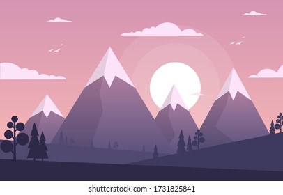 Simple Sunrise Sunset Mountain Forest Wild Nature Landscape Monochrome Illustration