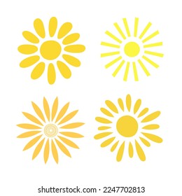 Simple suns set vector flat illustration, cute summer image for making cards, decor, vacation concept and holiday design for children