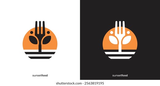 Simple Sunset Food Logo. Fork Leaf and Sun Sunset Sunrise Icon Graphic. Nature Food Logo Design Template.