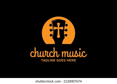 Simple Sunset with Guitar and Christian Cross for Church Song Music Logo Design Vector