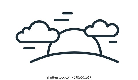 Simple sunset icon in line art style with sun setting behind horizon with clouds. Solar circle going down. Linear flat vector illustration isolated on white background
