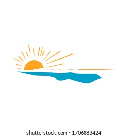 simple sunset logo design vector of yellow sun and blue sea waves on the frame illustration
