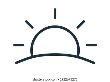 Simple Sunset Or Sunrise Icon In Line Art Style. Sun With Rays Rising Or Going Down Over Horizon Line. Black And White Flat Vector Illustration Isolated On White Background