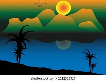 Simple Sunset Vector Illustration, Simple Background Sunset, Sun, Abstract, Lanscape, Summer