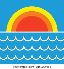 Simple sunset and waves retro illustration . Sunset vector design illustration