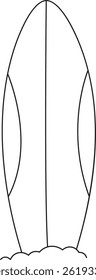 A simple surfboard is depicted with a clean line drawing style.  The image shows a single board on sand, perfect for summer activities. Cartoon vector illustration