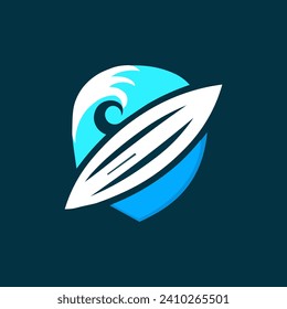 simple surfing board logo on dark blue background.