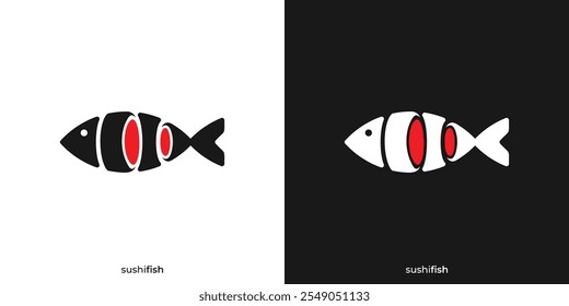 Simples Sushi Fish Logo. Peixe anf Sushi Roll com Estilo Minimalista. Logotipo de alimento, Ícone, Símbolo, Vetor, Modelo de design.