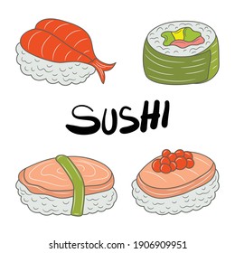 Simple Sushi food vector illustration, colored linear style pictogram isolated on white background