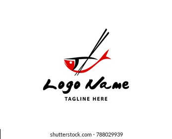 Simple sushi logo with combining fish and chopsticks as main element. Suitable for food and drink business.