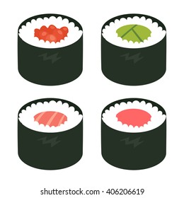Simple sushi roll vector set. Japanese food. Sushi roll cartoon style icon. Isolated vector on white background.  Hand draw style