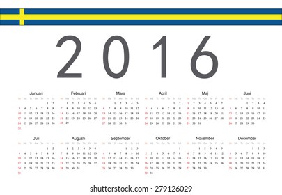 Simple Swedish 2016 year vector calendar. Week starts from Sunday.