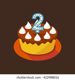 Simple sweet birthday cake. Dessert with meringues for second anniversary in flat style, vector illustration. 