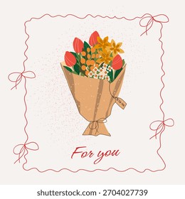 Una tarjeta cuadrada simple y dulce con un solo ramo de flores dibujado a mano con el texto "Para ti". Este diseño minimalista es perfecto para un saludo digital rápido o una nota imprimible para mostrar su cuidado