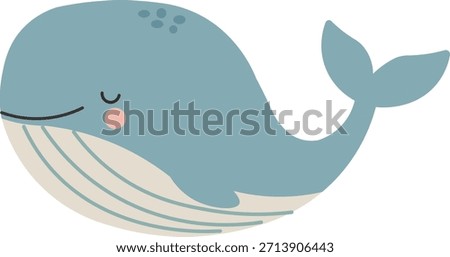 A simple and sweet vector illustration of a happy blue whale with closed eyes, rosy cheeks, and a friendly smile, perfect for kids' designs.
