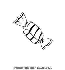 Simple sweetie in a wrapper. Hand drawn vector illustration, black lines on white, doodle, sketch, cute, funny. For the decoration of pastry shops, cafes, holidays, coloring.