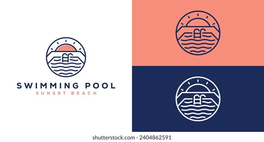 Simple Swimming Pool Logo. Pool and Sun Sunset Sunrise Beach View with Linear Style Logo Design Template.