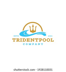 Simple Swimming Pool Silhouette Sea Ocean Water Wave and Golden Trident Logo Design Inspiration