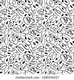 Simple swirled thin lines with dots vector seamless pattern. Simple childish scribble backdrop. Charcoal and pencil texture curved strokes. Black curved thin lines. Stylish monochrome doodles