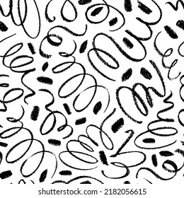 Simple swirled thin lines with dots vector seamless pattern. Simple childish scribble backdrop. Charcoal and pencil texture curved strokes. Black curved thin lines. Stylish monochrome doodles