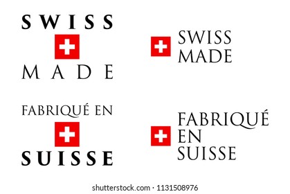 Simple Swiss Made / Fabrique en Suisse (french translation) label. Text with national helvetic cross symbol arranged horizontal and vertical.