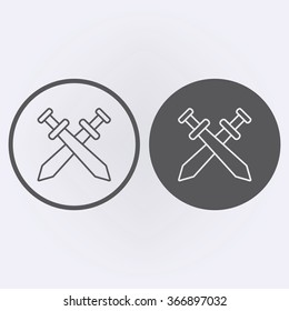 Simple Sword outline crossed icon in circle . Vector illustration