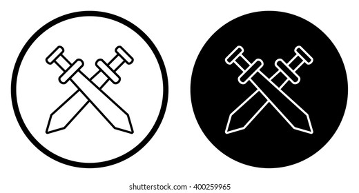 Simple Sword outline crossed icon in circle . Vector illustration