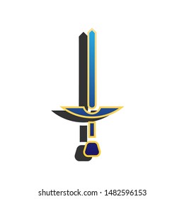 Simple Sword sign. Blue icon with gold contour with dark gray shadow at white background. Illustration.