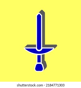 Simple Sword sign. Blue Icon with white stroke in 3d at yellow Background. Illustration.