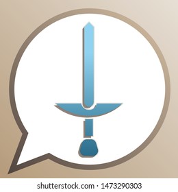 Simple Sword sign. Bright cerulean icon in white speech balloon at pale taupe background. Illustration.