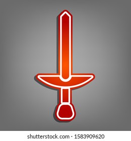 Simple Sword sign. Flat red icon with linear white icon with gray shadow at grayish background. Illustration.
