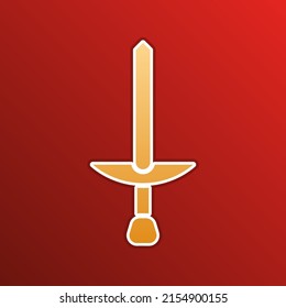 Simple Sword sign. Golden gradient Icon with contours on redish Background. Illustration.