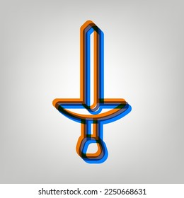 Simple Sword sign. Stroked Icon in orange, azure and old lavender Colors at gray Background. Illustration.