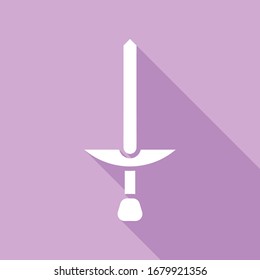 Simple signo de espada. Icono blanco con una larga sombra en fondo morado.  Ilustración.