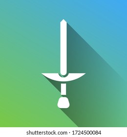Simple señal Sword. Icono blanco con sombra ilimitada gris sobre fondo verde a azul. Ilustración.