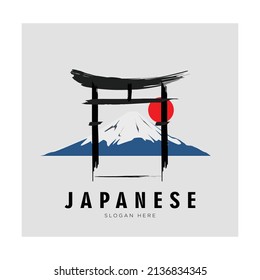 Simple symbol design of Torii gate and Fuji mountain with brush style.