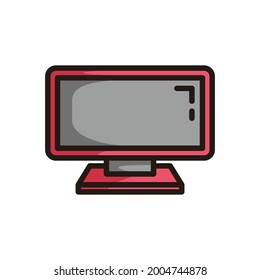 a simple symbol of a flat television, red colored in black line art style and shadow details.
