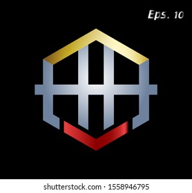 a simple symbol of the initials "HH" an elegant and very trendy silver and gold hexagon logo

