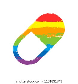simple symbol of pill or vitamin. Drawing sign with LGBT style, seven colors of rainbow (red, orange, yellow, green, blue, indigo, violet
