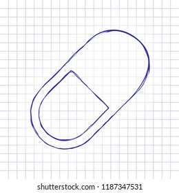 simple symbol of pill or vitamin. Hand drawn picture on paper sheet. Blue ink, outline sketch style. Doodle on checkered background