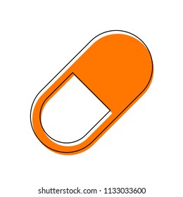 simple symbol of pill or vitamin. Isolated icon consisting of black thin contour and orange moved filling on different layers. White background