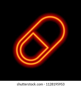 simple symbol of pill or vitamin. Orange neon style on black background. Light icon